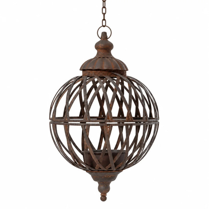 Large hanging rusty metal lattice ball planter, empty on a white studio background.