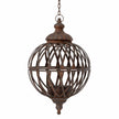 Large hanging rusty metal lattice ball planter, empty on a white studio background.