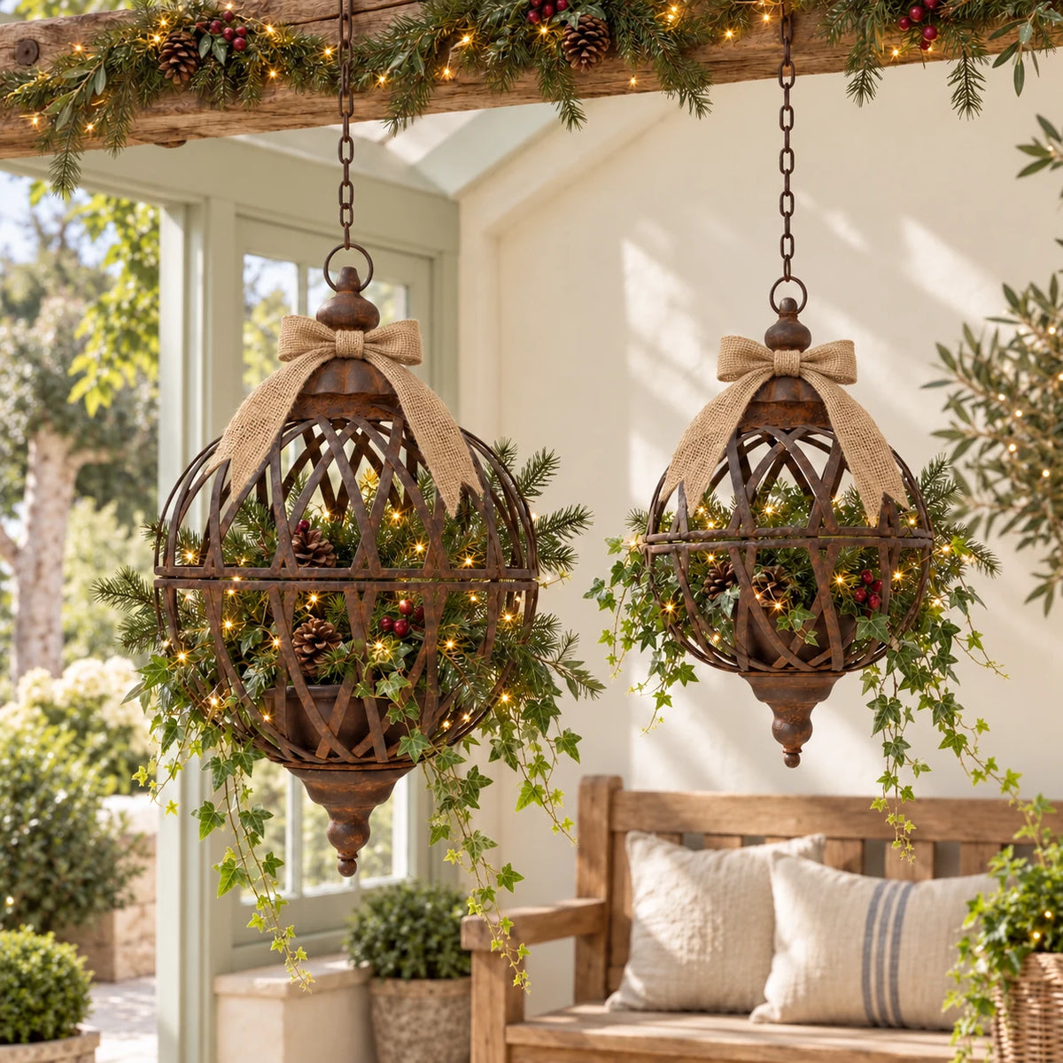 Large and small rusty lattice ball planters styled for Christmas with evergreen foliage, fairy lights and low hessian bows.
