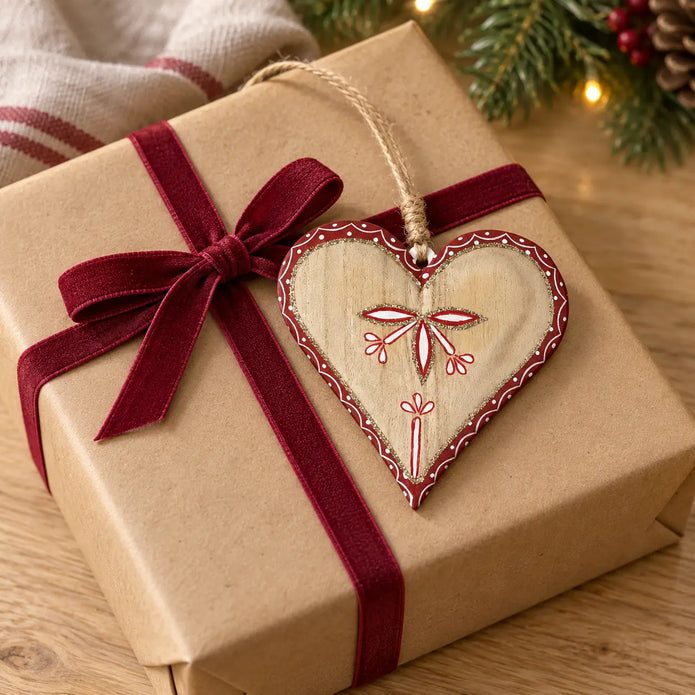 Wooden red heart with botanical pattern styled on a kraft Christmas gift