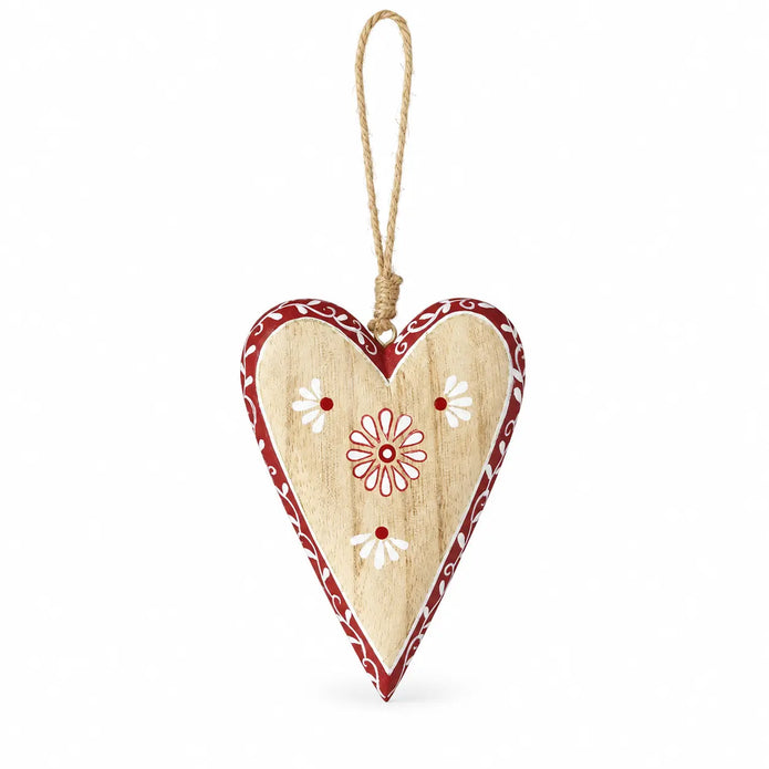 Single hanging wooden red heart with floral pattern and twine loop on white; design supplied at random