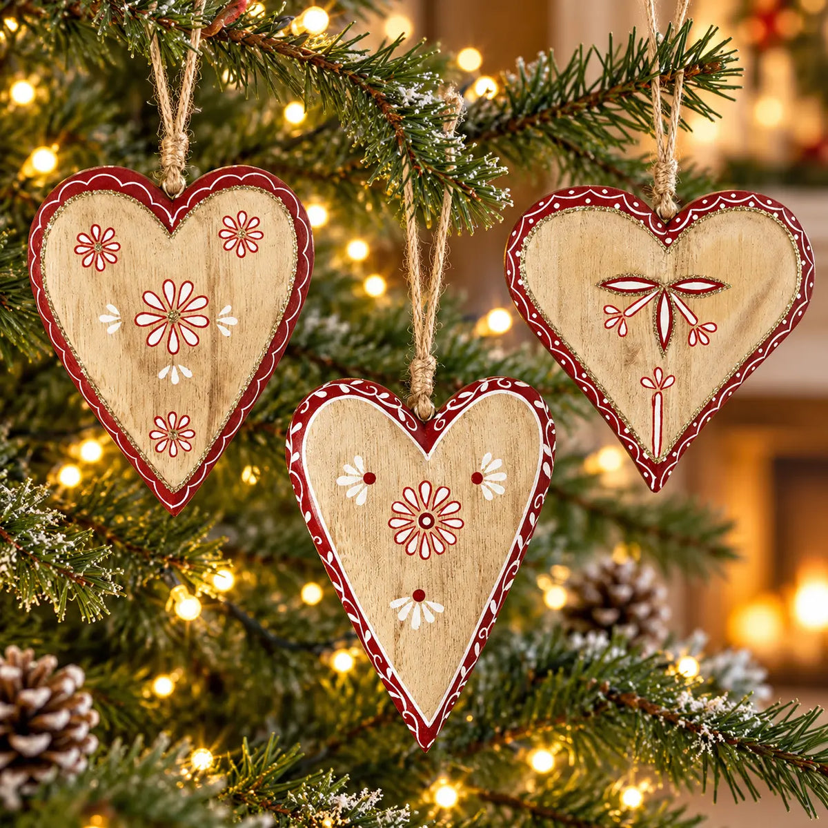 Three assorted wooden red heart designs on a Christmas tree; sold individually with design selected at random