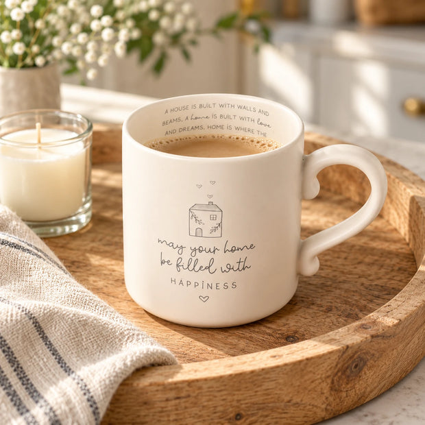Widdop & Co beige Moments mug, neutral ceramic coffee cup with Happy Home design
