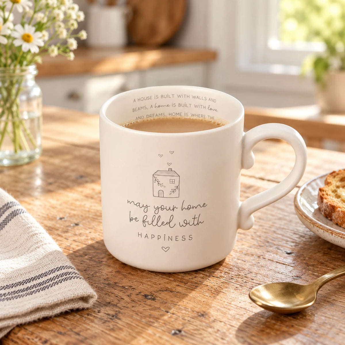 Widdop & Co Beige Moments Mug, neutral ceramic coffee cup with Happy Home design