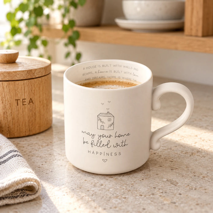 Widdop & Co beige Moments mug with Happy Home text, neutral ceramic coffee cup on a coffee corner surface