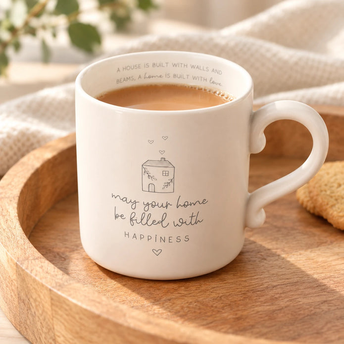 Beige Moments Happy Home mug by Widdop & Co, neutral ceramic coffee cup close-up