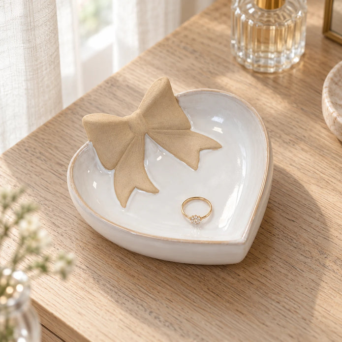 Heart-shaped ceramic bow dish used for a ring on a pale oak dressing table