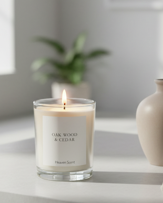 Small Oakwood and Cedar candle by Heaven Scent Incense Ltd, featuring a natural wooden and cedar scent with a simple candle design.