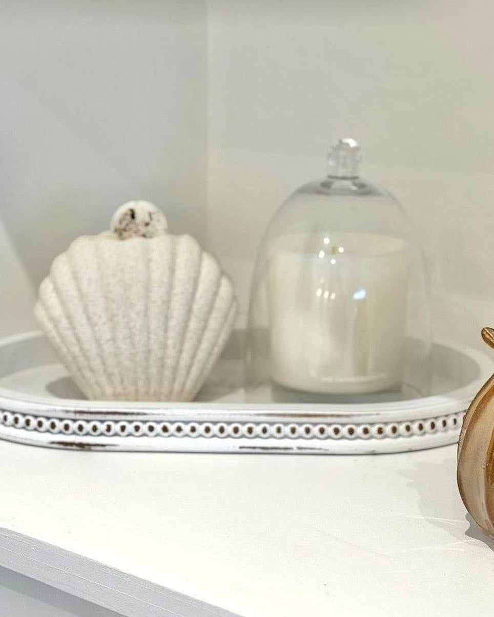 White wood oval beaded tray, home decor by Starlight Express, featuring intricate beaded design and smooth oval shape.