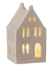 Beige ceramic Christmas house with LED lights from Heaven Sends, decorative holiday light-up ceramic house.