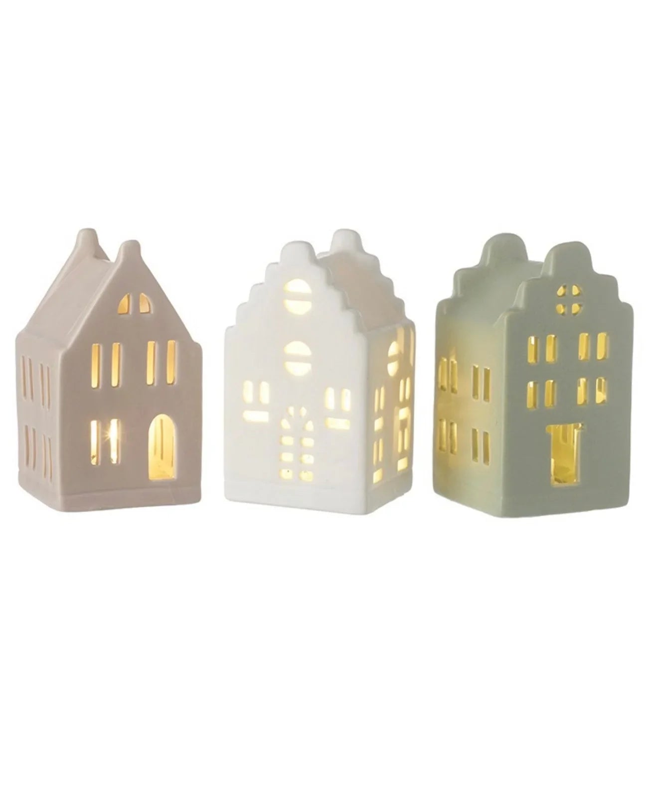 Heaven Sends Christmas beige LED light-up ceramic house with windows and chimney, festive holiday decoration.