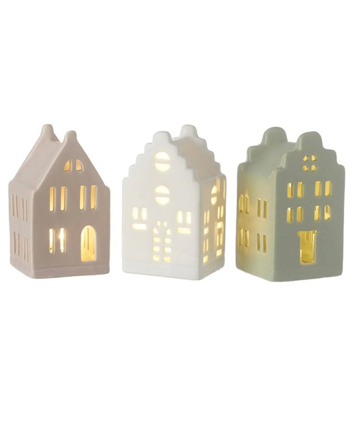 Heaven Sends Christmas beige LED light-up ceramic house with windows and chimney, festive holiday decoration.