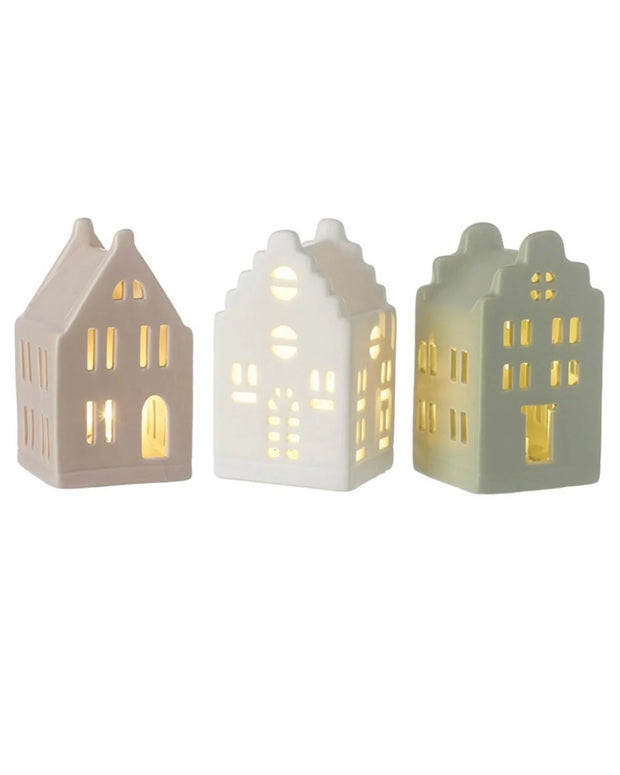 Heaven Sends Christmas beige LED light-up ceramic house with windows and chimney, festive holiday decoration.