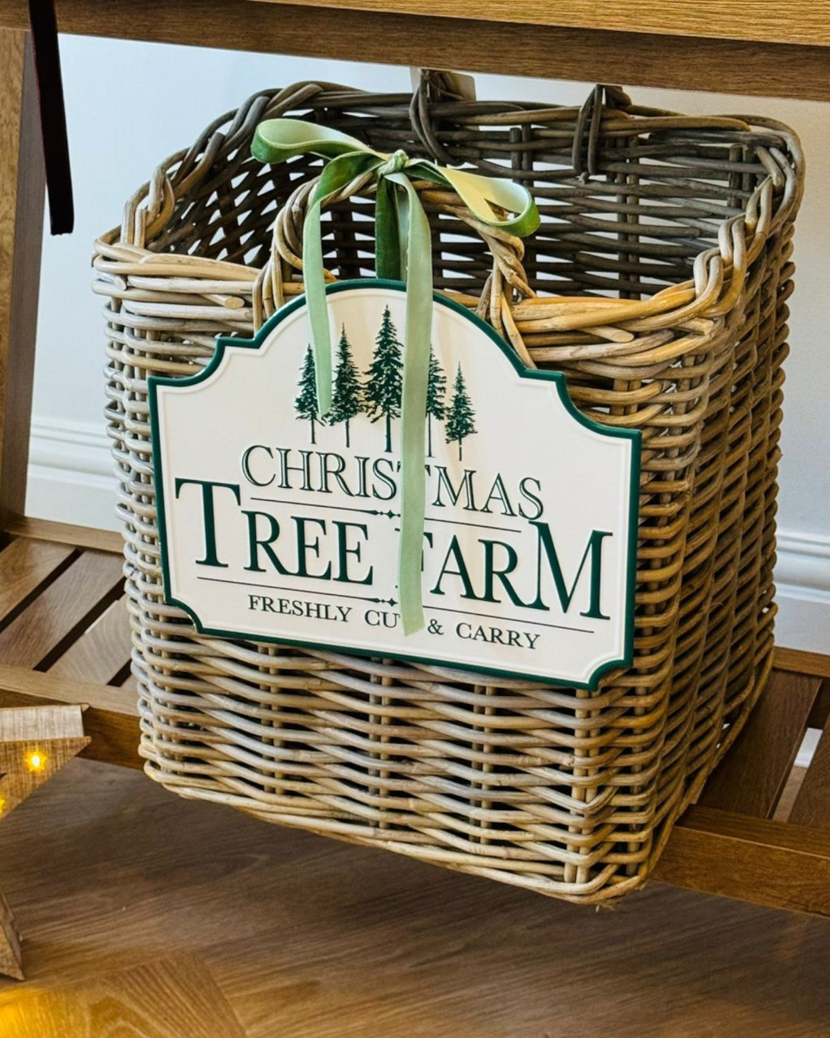 White and green Christmas Tree Farm Sign by Heaven Sends featuring festive holiday design and lettering for seasonal decor