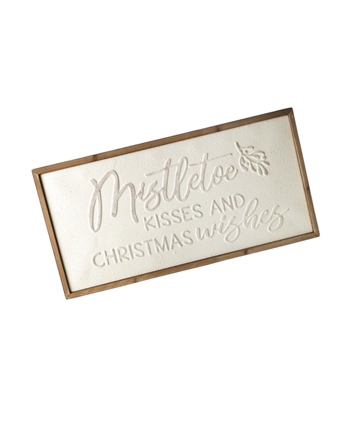 Wood and metal Christmas sign by Heaven Sends with white "Mistletoe Kisses and Christmas Wishes" design, festive holiday decor.