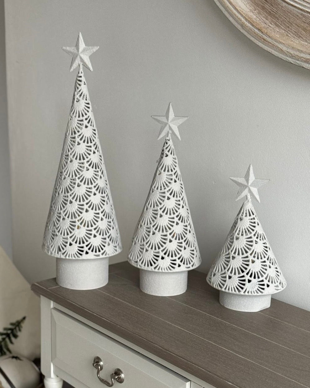 White metal cut-out Christmas LED light-up tree by Heaven Sends, featuring illuminated branches and festive holiday design.