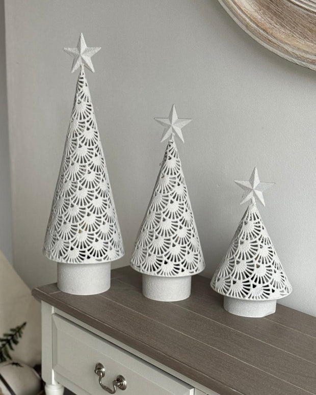 White metal cut-out Christmas LED light-up tree by Heaven Sends, featuring illuminated branches and festive holiday design.