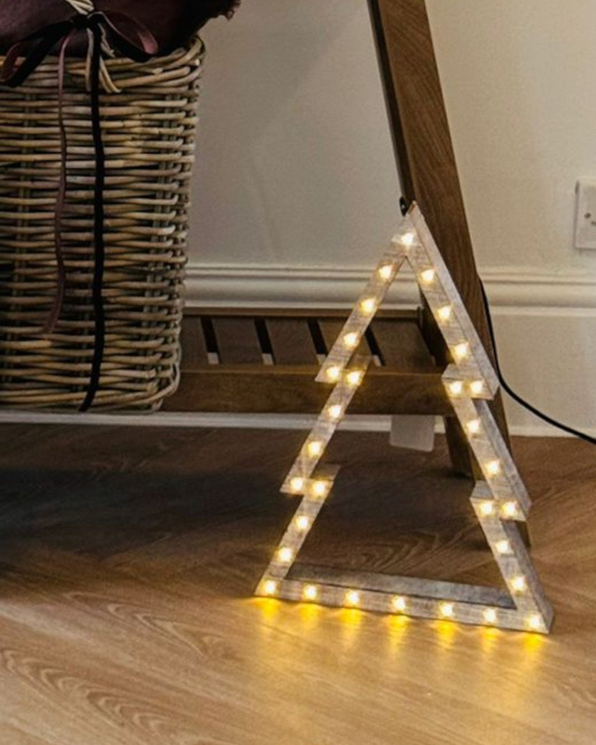 Beige wooden LED light-up Christmas trees by Heaven Sends, small decorative holiday trees with warm illumination.