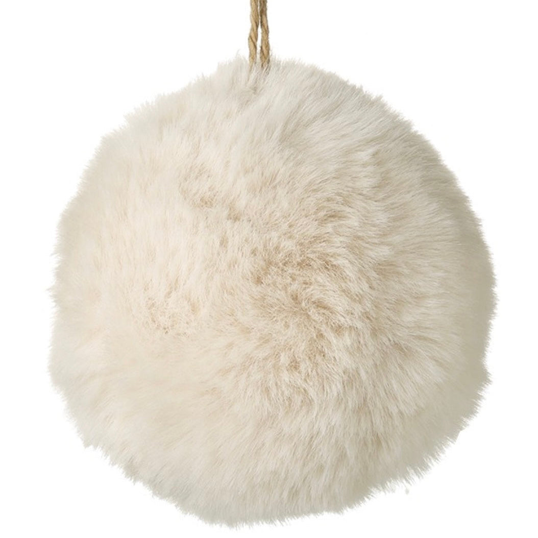 Cream Fluffy Hanging Fur Snowball, large cream fluffy snowball with hanging loop against white