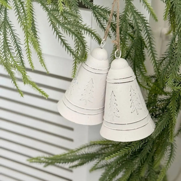 White traditional Christmas bell by Heaven Sends with festive trees, featuring a classic holiday design and decorative details.