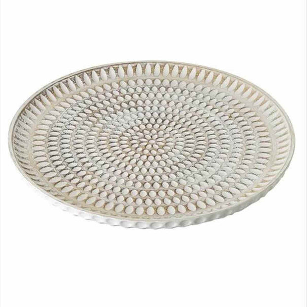 Rattan effect wooden round tray for home decor, with natural finish and stylish design by Heaven Sends.