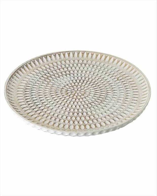 Rattan effect wooden round tray for home decor, featuring a natural finish and stylish design by Heaven Sends.