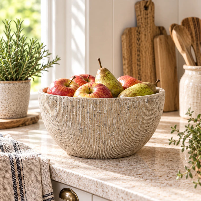 Heritage Stone Fruit Bowl with vertical ribbed stone-effect texture styled with apples and pears in a bright country kitchen; fruit shown for styling only
