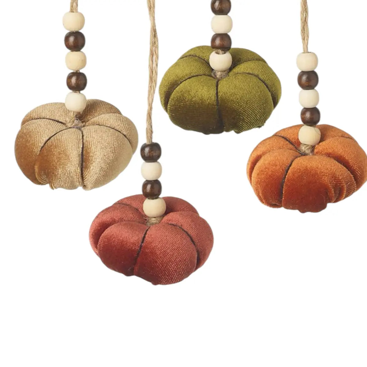 Velvet autumn pumpkins with bead hangers, decorative harvest accents by Heaven Sends, detailed close-up image.
