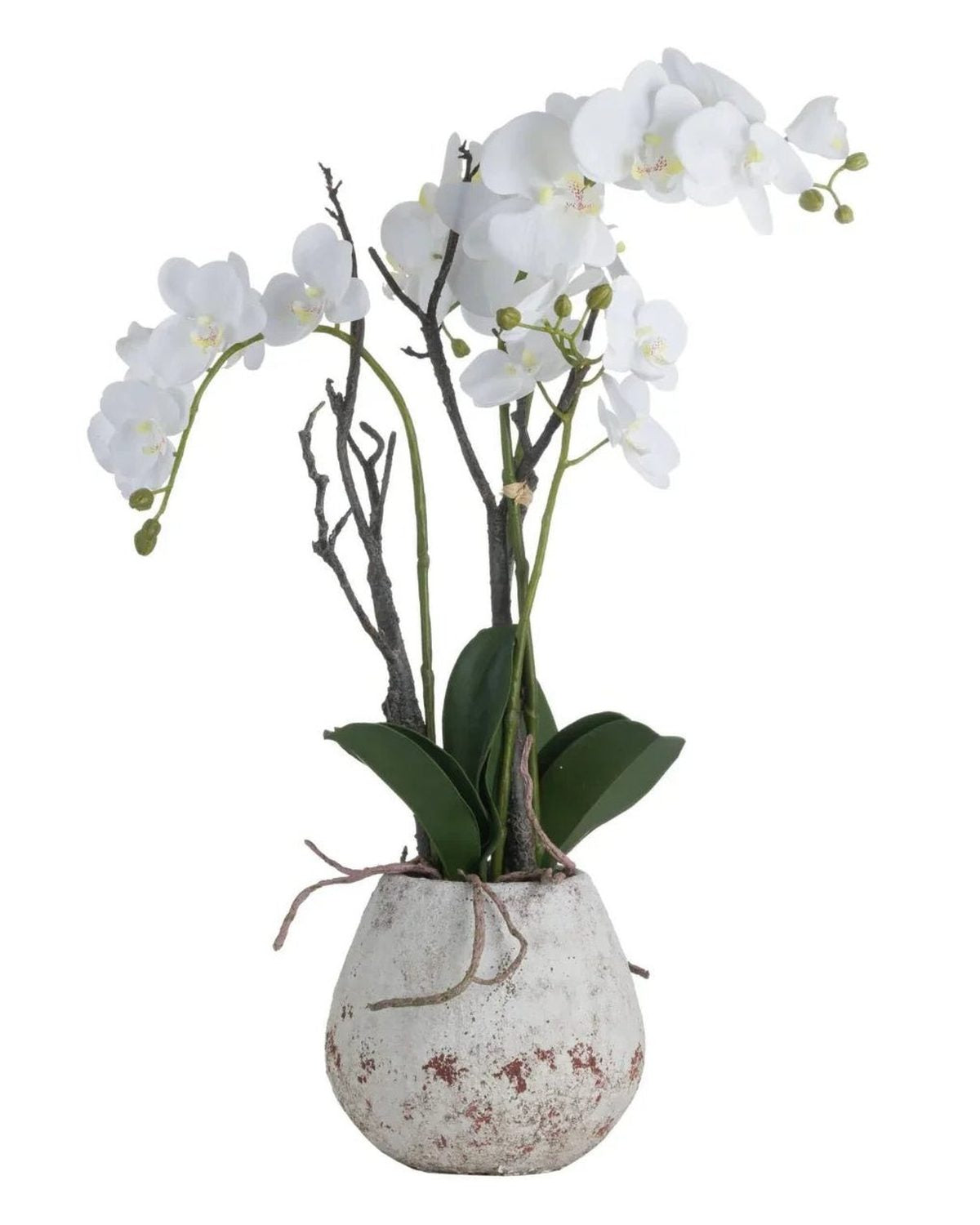 Artificial potted orchid in a stone pot, decorative artificial plant by Hill Interiors, showcasing vibrant purple flowers and lush green leaves.