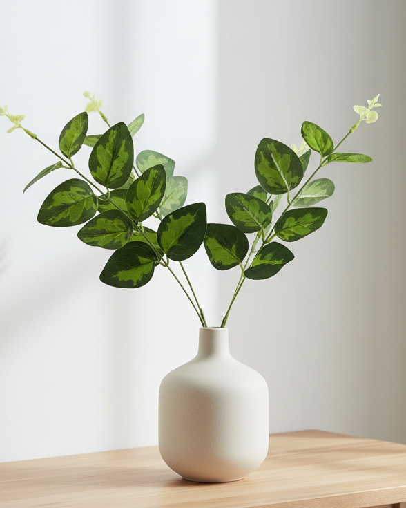 Artificial variegated foliage leaf stem from Hill Interiors, realistic plastic plant stem with green and white variegated leaves.