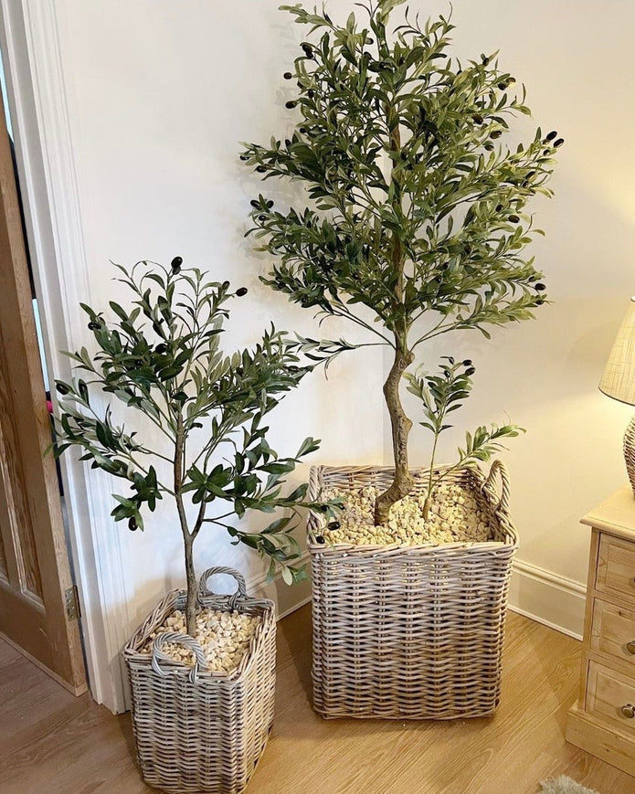 Large artificial faux olive tree from Hill Interiors with lush green leaves and sturdy trunk, ideal for indoor or outdoor decor.