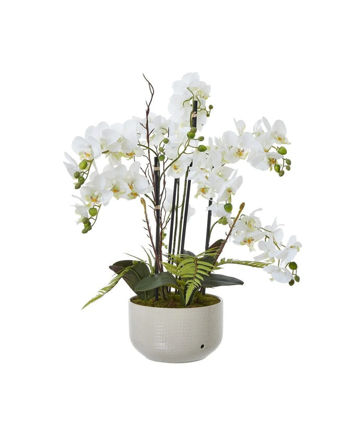 Large white artificial orchid plant in a ceramic pot, ideal for home decor by Hill Interiors.
