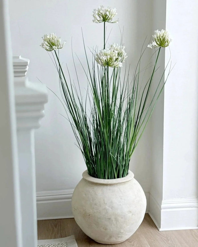 White artificial Agapanthus potted plant from Hill Interiors, realistic faux plant with lush white flowers in a ceramic pot.