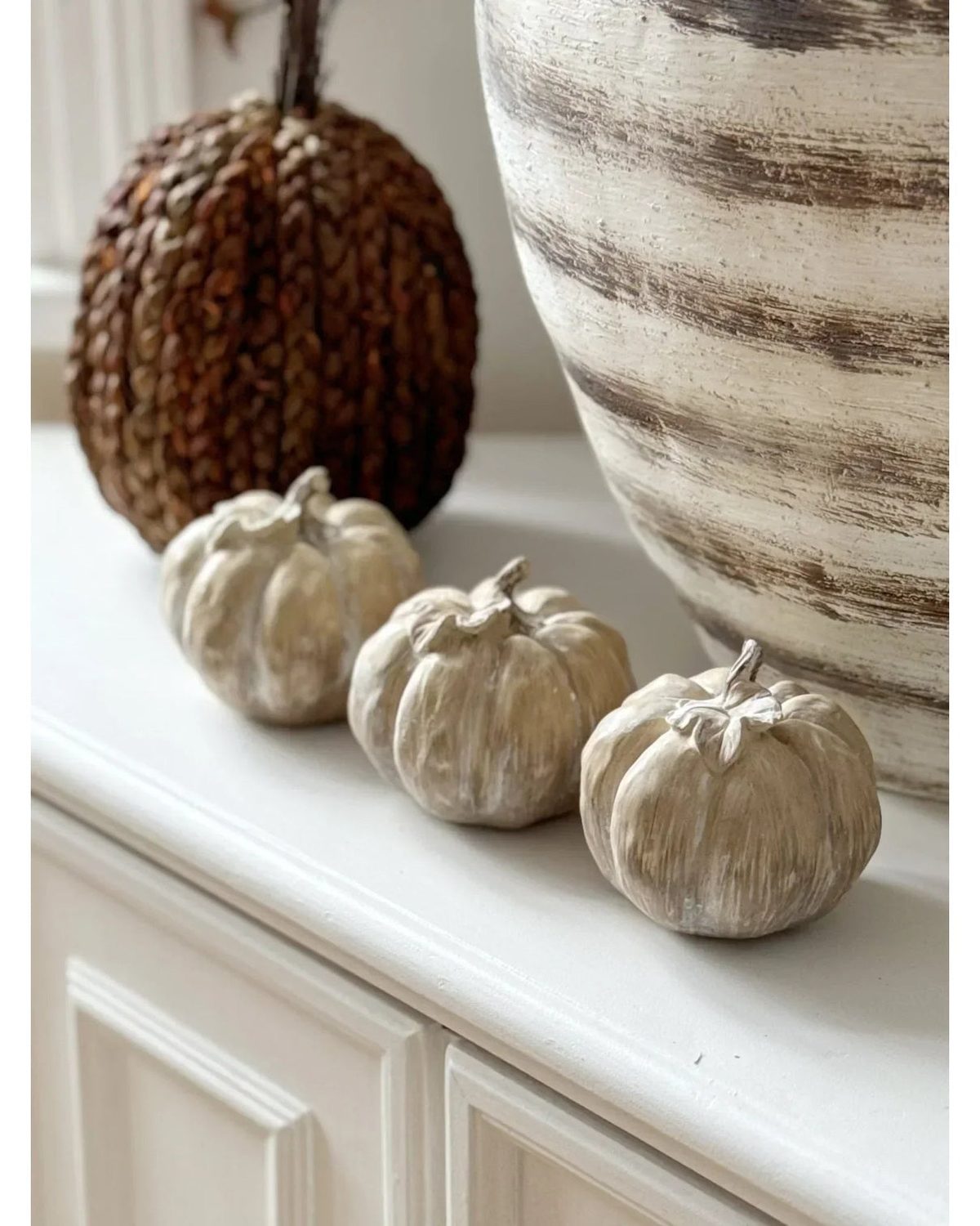 Medium wooden carved ceramic pumpkin for autumn decor by Hill Interiors, featuring intricate carved details.