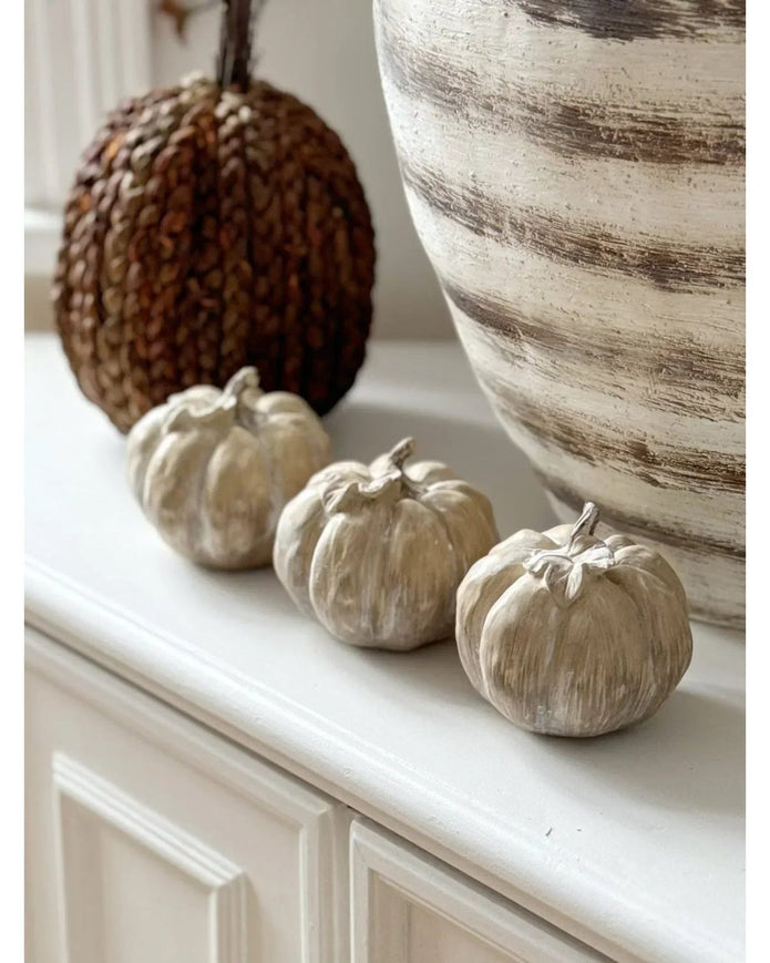 Medium wooden carved ceramic pumpkin for autumn decor by Hill Interiors, featuring intricate carved details.