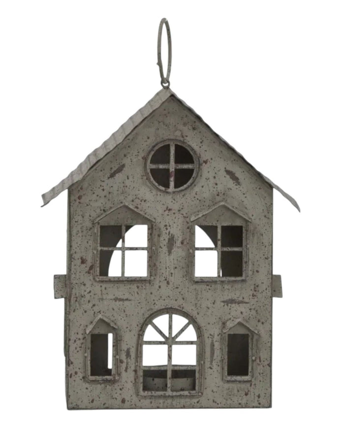 Rustic metal tealight candle house for Christmas by Hill Interiors, features a charming holiday design with a warm, festive glow.