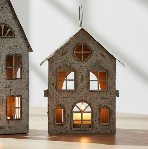 Rustic metal tealight candle house for Christmas decor by Hill Interiors, featuring a cozy, festive design with candle opening.