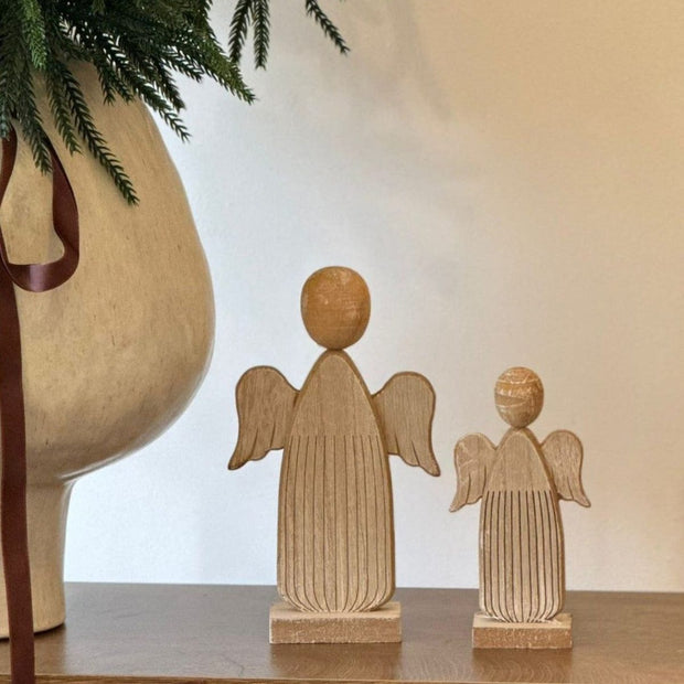 Rustic wooden angel ornament for Christmas, crafted from natural wood, by Hill Interiors, featuring a handcrafted angel design.