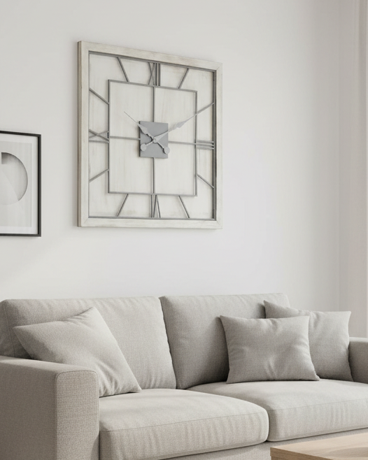 White large square wooden Williston wall clock by Hill Interiors, featuring a minimalist design and natural wood finish.