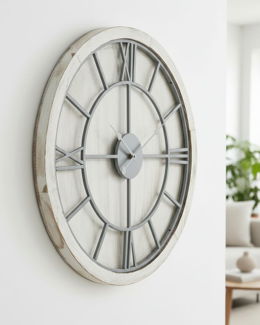 White medium round wooden Williston wall clock by Hill Interiors, showing a minimalist design with black hour and minute hands.
