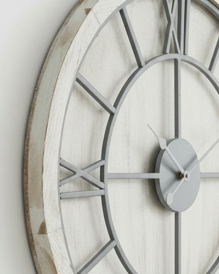 White medium round wooden Williston wall clock by Hill Interiors showing a classic clock face with black numerals and hands.