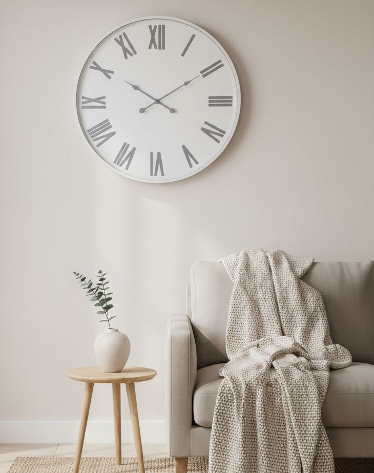 White round Flemings large wall clock by Hill Interiors showing a modern clock with black hands and minimalist design.