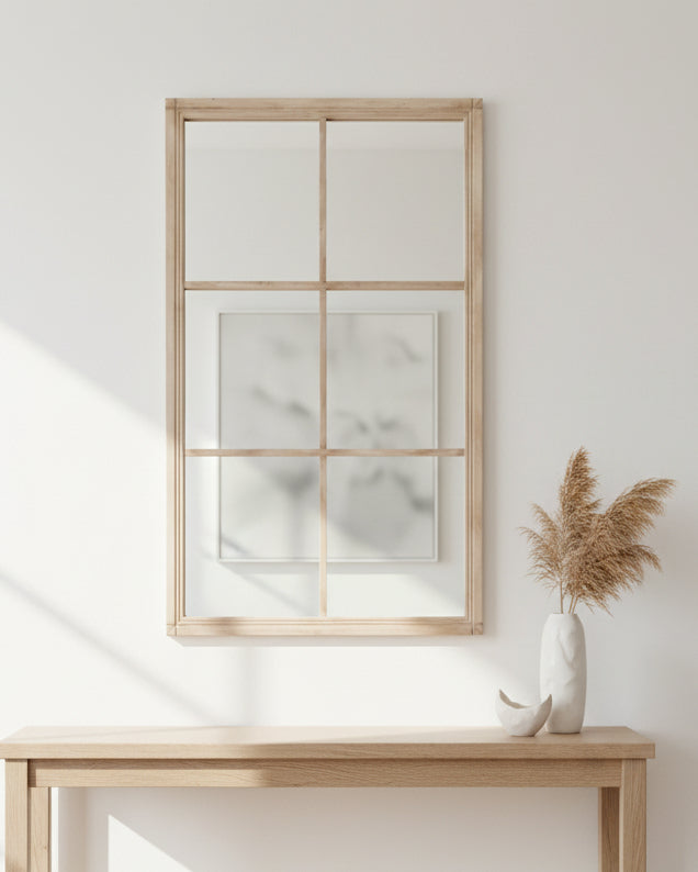 Large washed wood rectangle window-framed mirror by Hill Interiors, showcasing a stylish rectangular design perfect for home decor.