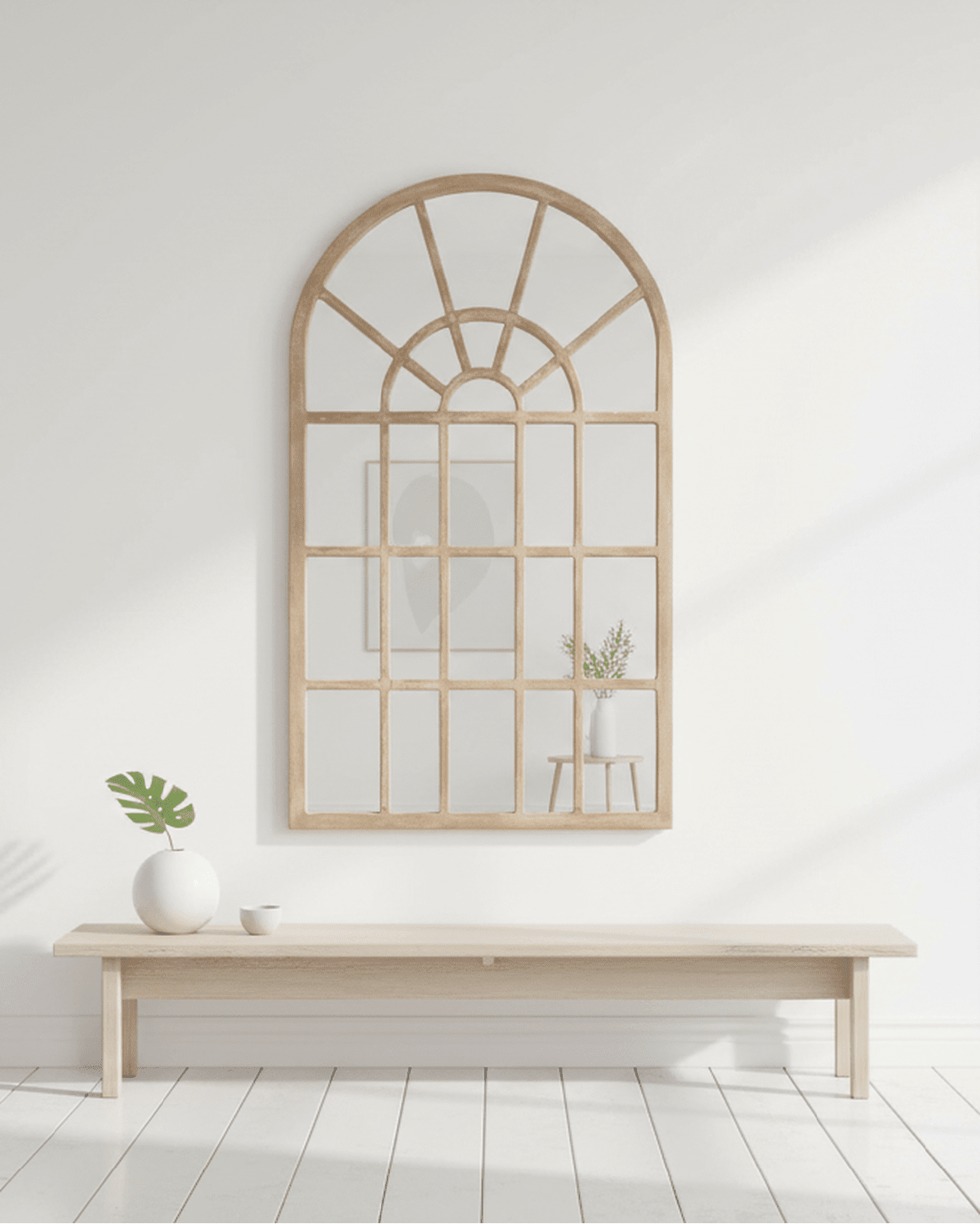 Hill Interiors Copgrove arched paned window mirror with vintage-style wooden frame, decorative glass panes, and elegant design.