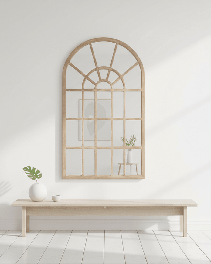 Hill Interiors Copgrove arched paned window mirror with vintage-style wooden frame, decorative glass panes, and elegant design.