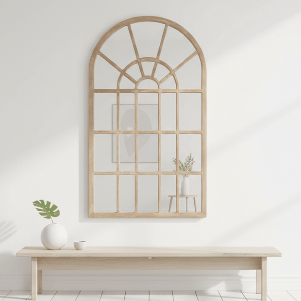 Hill Interiors Copgrove arched paned window mirror with vintage-style wooden frame, decorative glass panes, and elegant design.