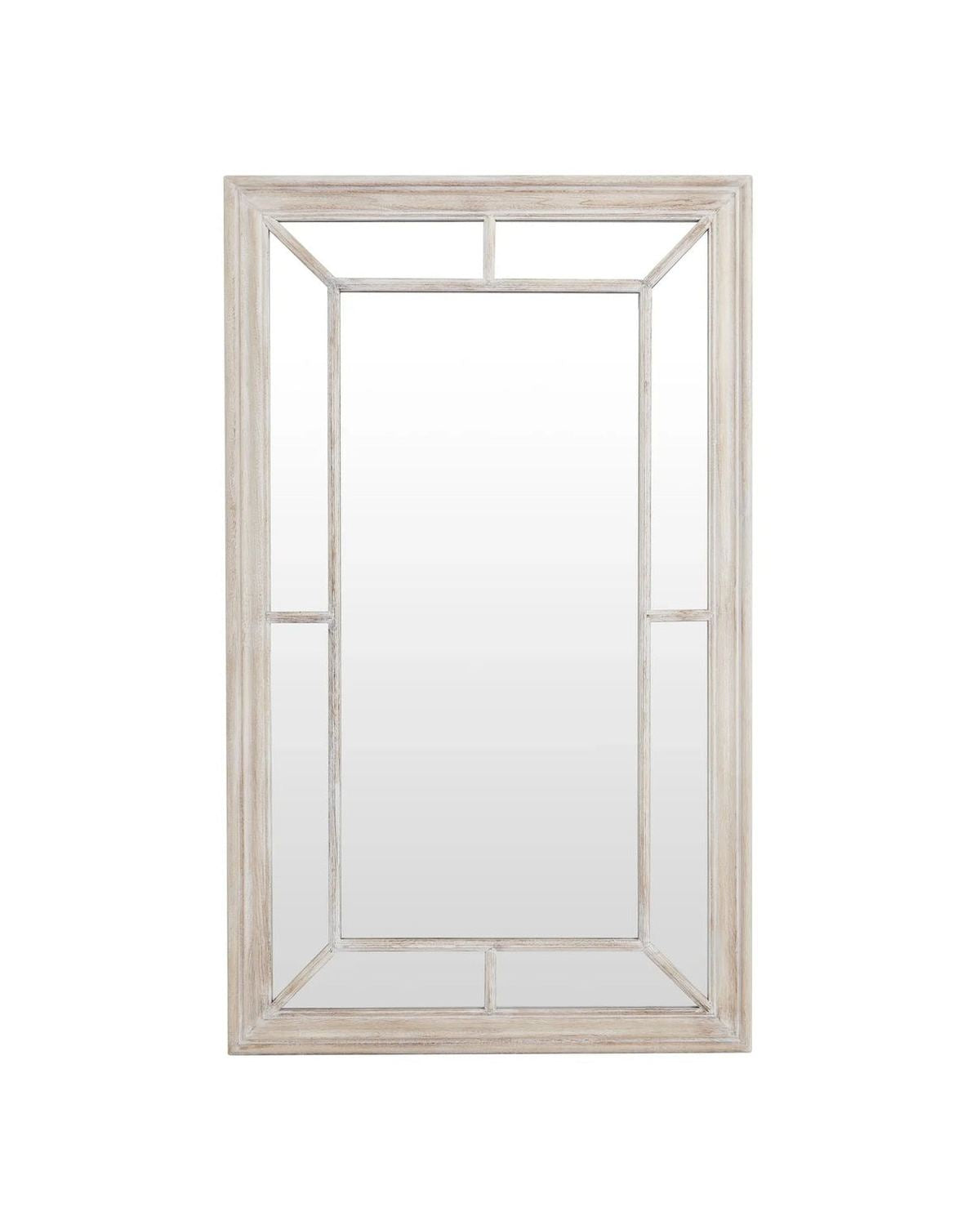 Washed wood framed window mirror by Hill Interiors, showcasing a rustic wooden frame and reflecting a room interior.
