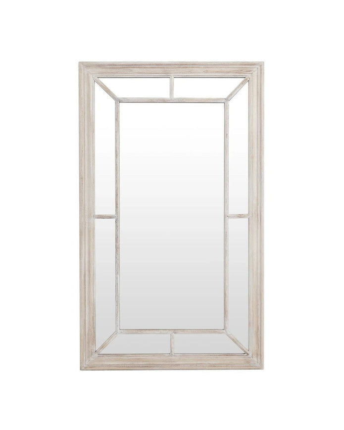 Washed wood framed window mirror by Hill Interiors, showcasing a rustic wooden frame and reflecting a room interior.