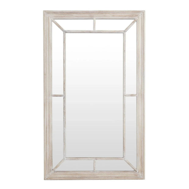 Washed wood framed window mirror by Hill Interiors, showcasing a rustic wooden frame and reflecting a room interior.