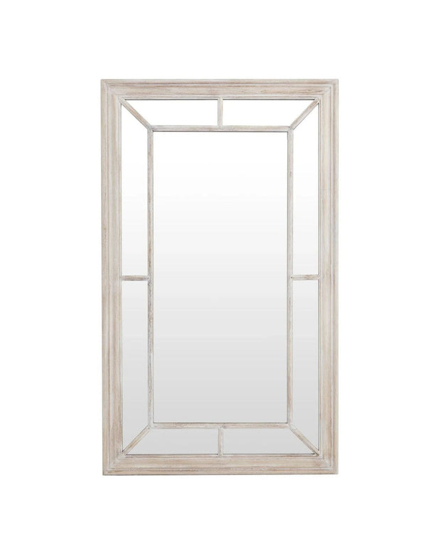 Washed wood framed window mirror by Hill Interiors, showcasing a rustic wooden frame and reflecting a room interior.